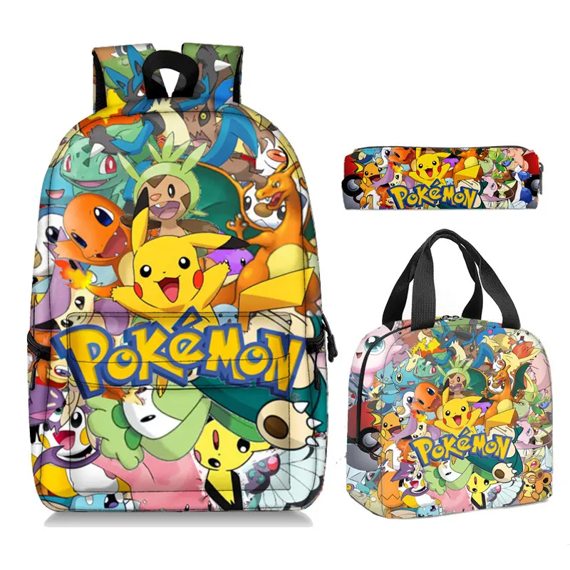 GM grosir ransel Anak pikachu tempat pensil tas makan siang portabel cetak pelajar tiga potong Set untuk tas sekolah kustom