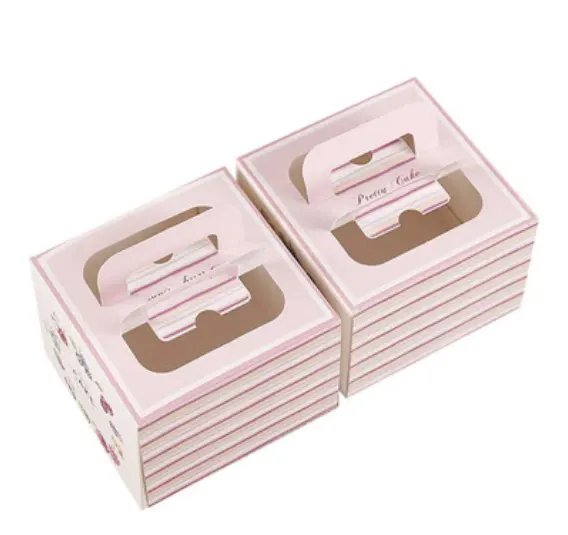 Caixas de papel do bolo do bento do embalagem da impressão rosa do logotipo personalizado com a janela