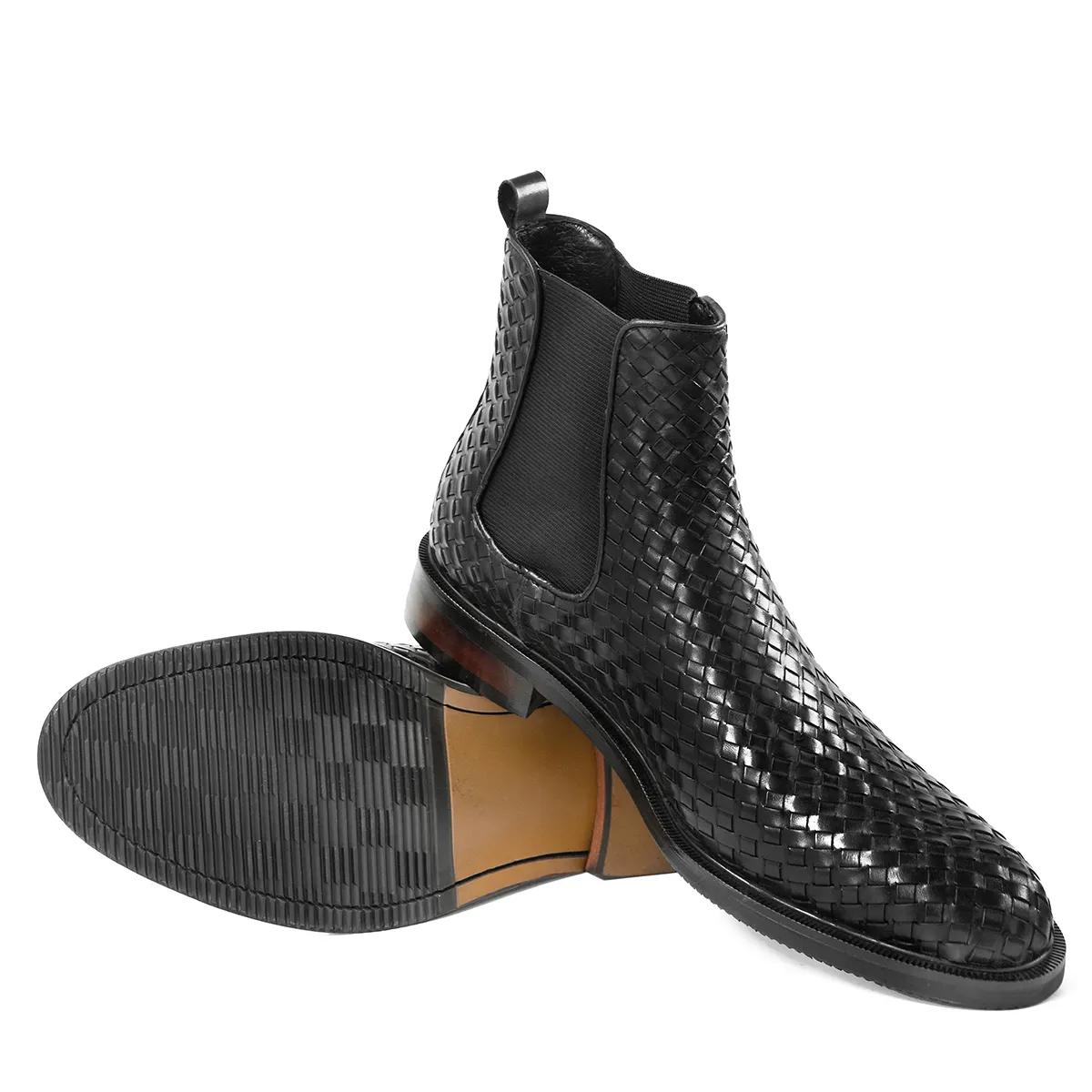 Hanmce noir Chelsea bottes printemps/hiver haute qualité tissage motif en cuir véritable sans lacet élégant luxe bottines pour hommes