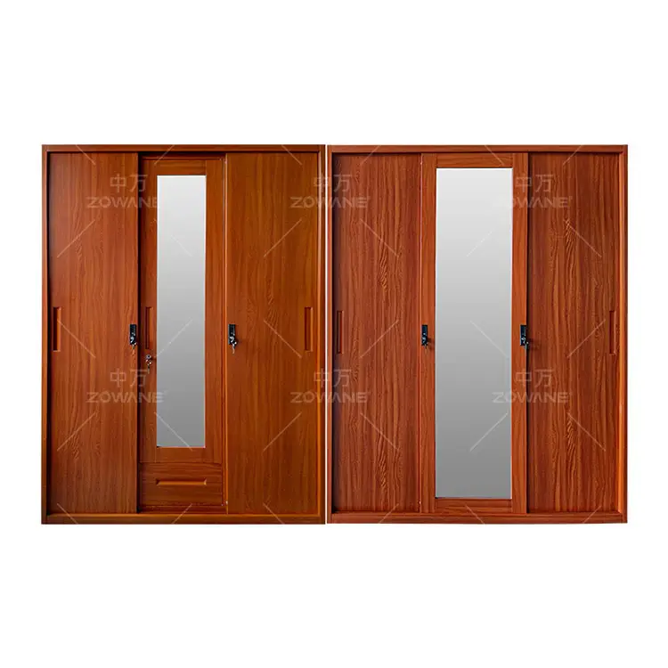 Derribar espejo diseño simple 3 deslizamiento de tres puertas ropa armario de acero dormitorio acabado de madera gabinete metálico armario de metal