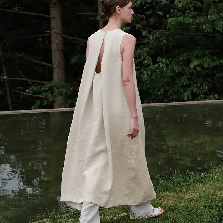 Personnalisé de haute qualité couleur unie bouton sans manches robes modestes été sans col femmes Maxi coton lin longue robe ample