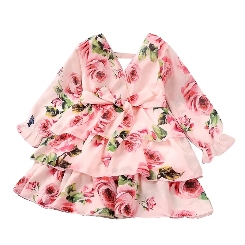 Đầm Công Chúa Vải Voan Dài Tay Cho Bé Gái, Váy Thời Trang Mùa Thu Cổ Chữ V In Hoa Hồng Cho Trẻ Em 2-6Y 2022
