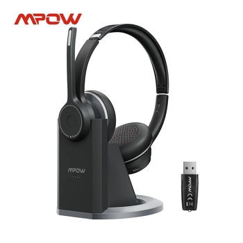 Mpow HC5 Pro Wireless Headphones BT 5.0 Headset w/ CVC8.0 Noise Cancelling Mic Charge Base USB Adapter Computer Headphone