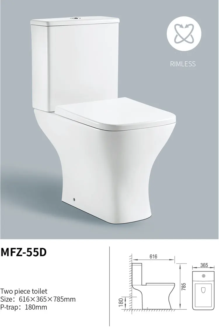 Medyag bentuk persegi 610mm CE persegi p-trap Eropa tanpa bingkai mencuci keramik dua bagian Toilet