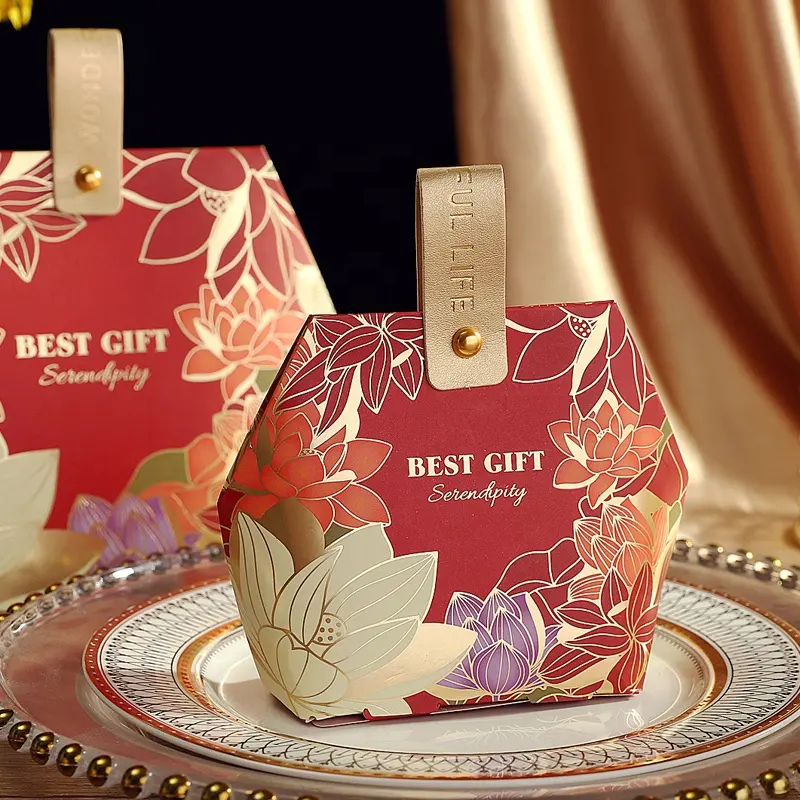 Caja de regalo de papel con tapa, embalaje de color de nueva tecnología personalizada, exquisita caja de dulces de boda con mango