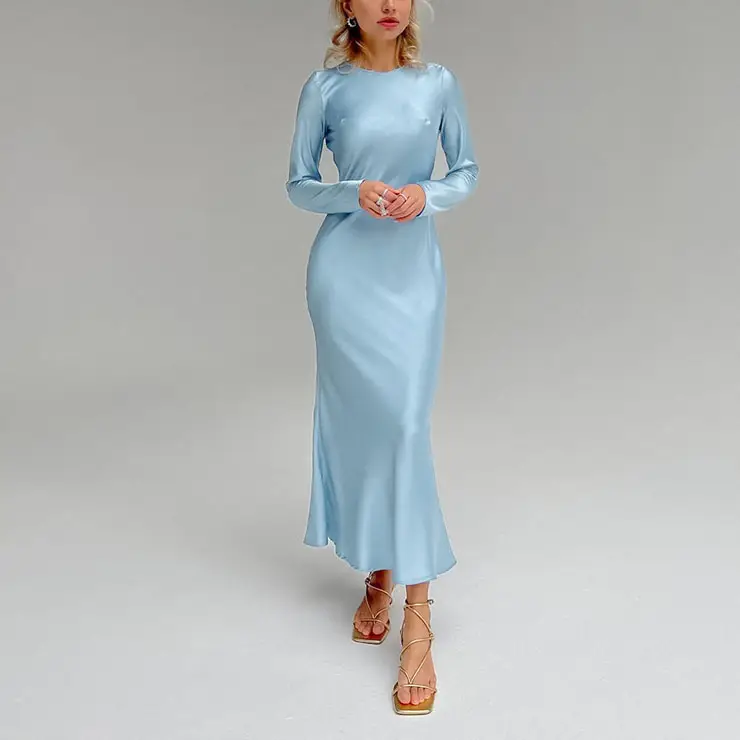 Moda Casual Slim Fish Cut Dress Outono Inverno Senhoras elegantes Light Blue Long Sleeve Satin Dress