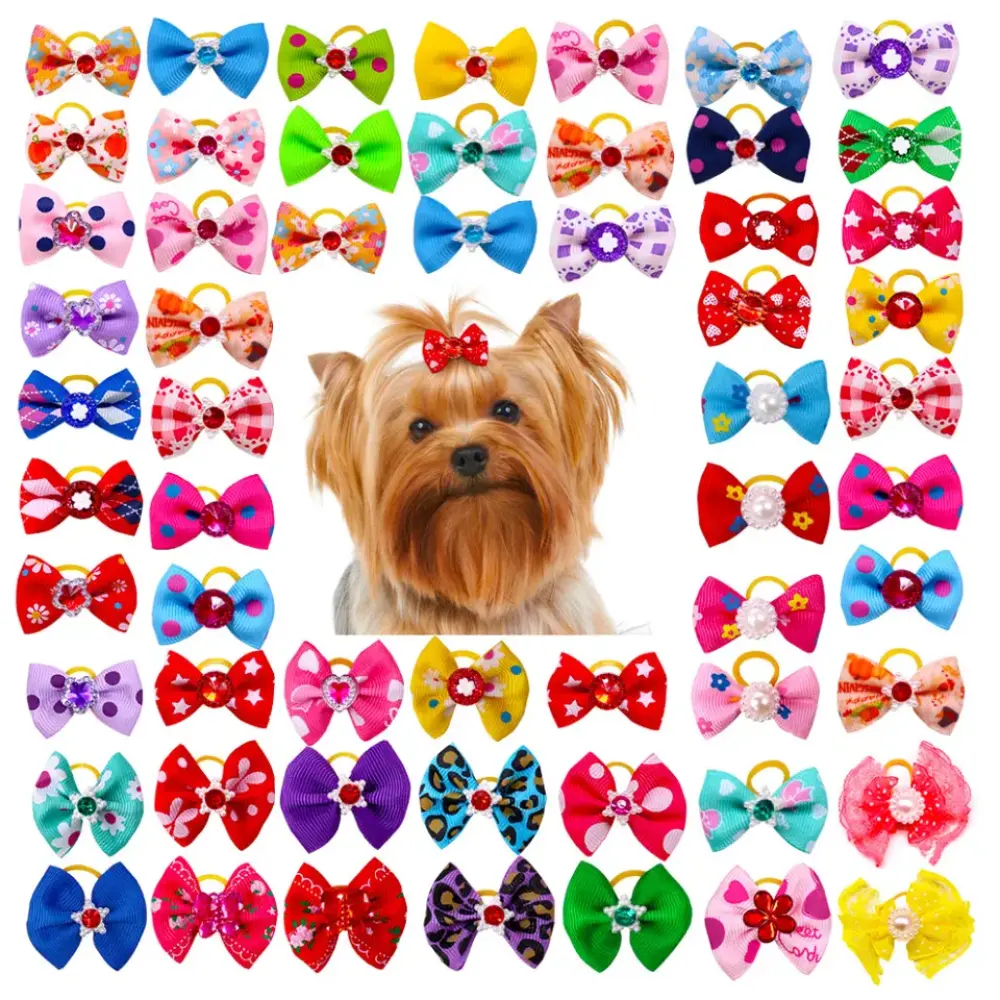 Wholesale Colorful Pet Grooming Bows Floral Dog Puppy Hair Bow with Rubber Band