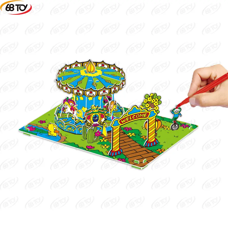 68Spielzeug Kinder DIY 3D-Puzzlespielzeug Malerei Graffiti-Spielzeug Puzzle Farbenvergnügen Amusement Park Karussellenspiel 3D-Papierpuzzle