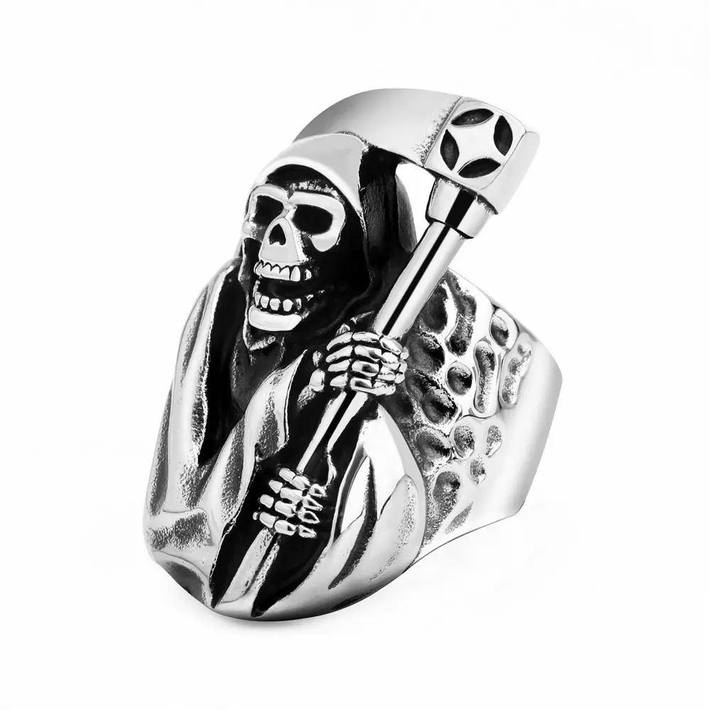 Grim Reaper Gothic Skull falce Ring for Men anello da motociclista con teschio Punk in acciaio inossidabile anello Vintage con testa di teschio Hip Hop