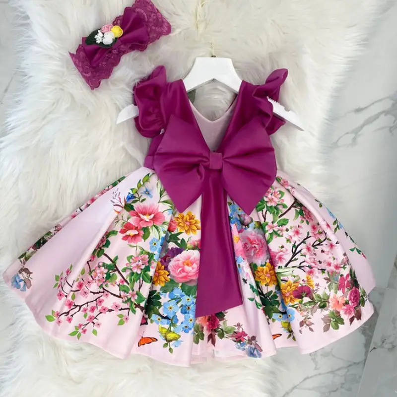 Sıcak satış küçük kızlar çiçek baskılı rop bebek çocuk büyük yay butik doğum günü partisi elbisesi