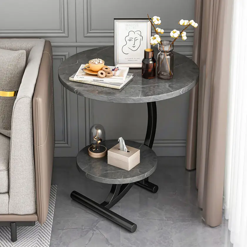 럭셔리 현대 간단한 거실 홈 침실 골드 화이트 금속 대리석 소파 끝 소파 측면 작은 원형 커피 테이블