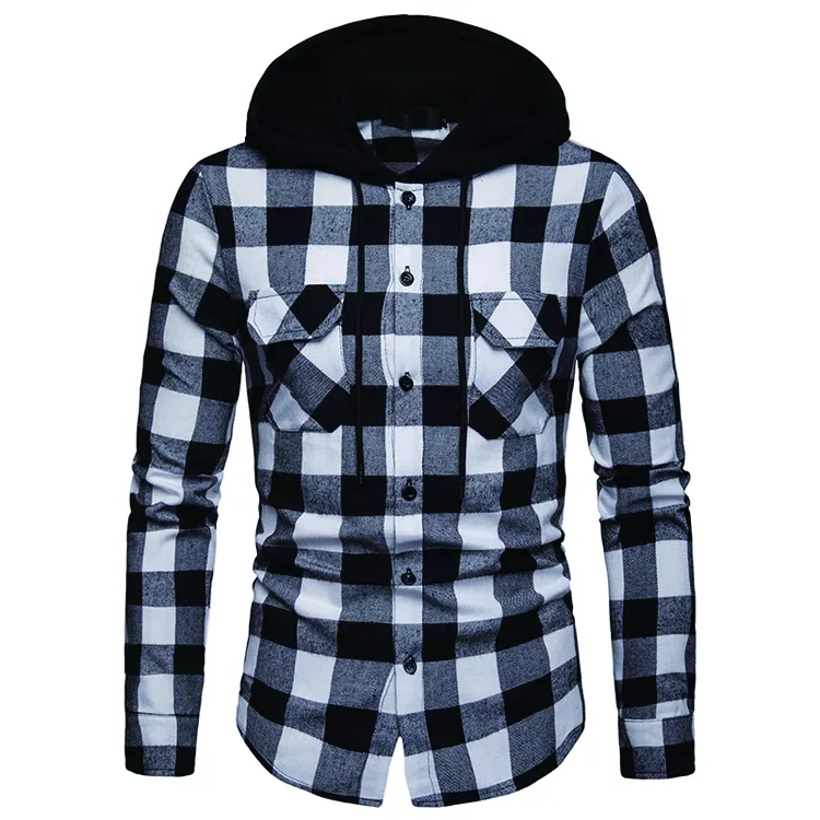 Camisas xadrez com capuz de poliéster 100%, venda quente personalizada, com dois bolsos