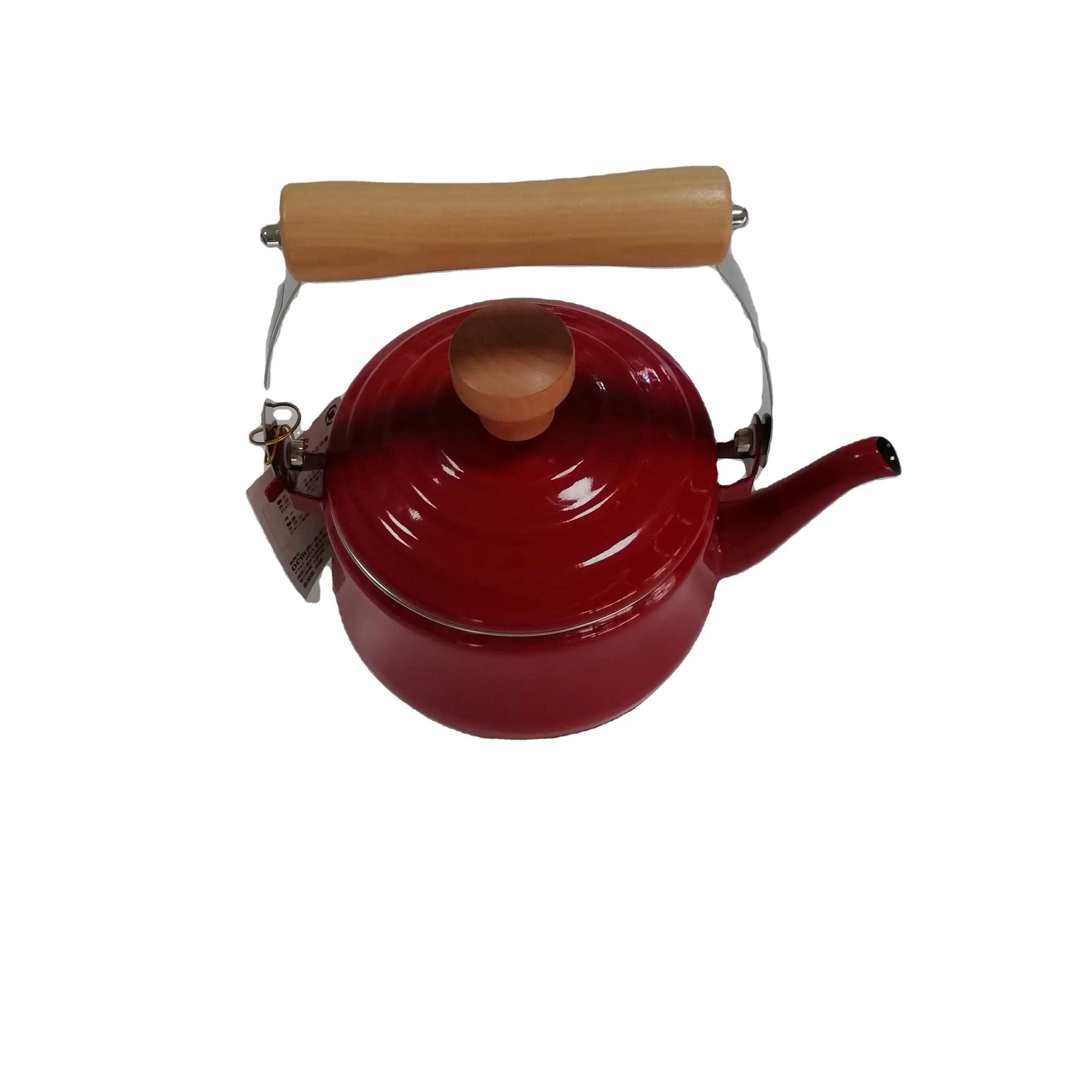 1.6 एल लाल तामचीनी चाय की केतली के साथ लकड़ी और स्टील संभाल