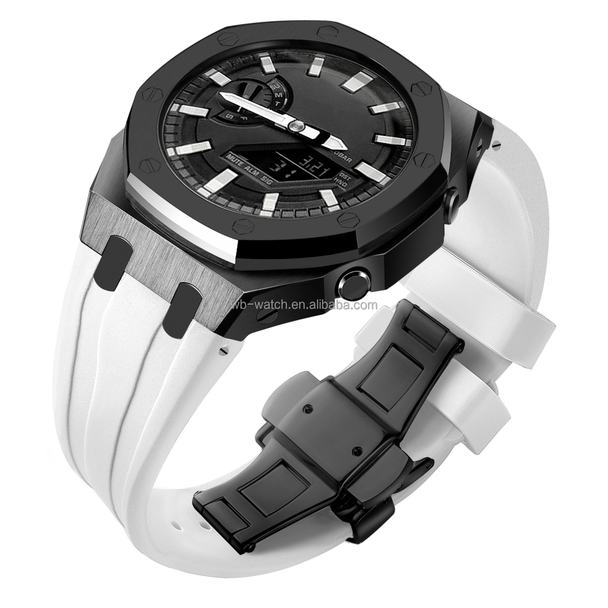 Boîtier noir, bracelet blanc