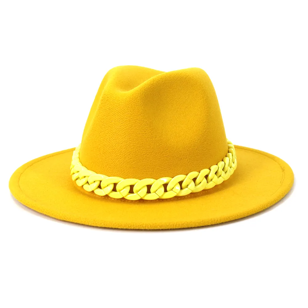 Sombreros de fieltro de estilo inglés para hombre y mujer, sombreros Fedora de Jazz para iglesia y fiesta, ala ancha, con cadena de Metal, 2021