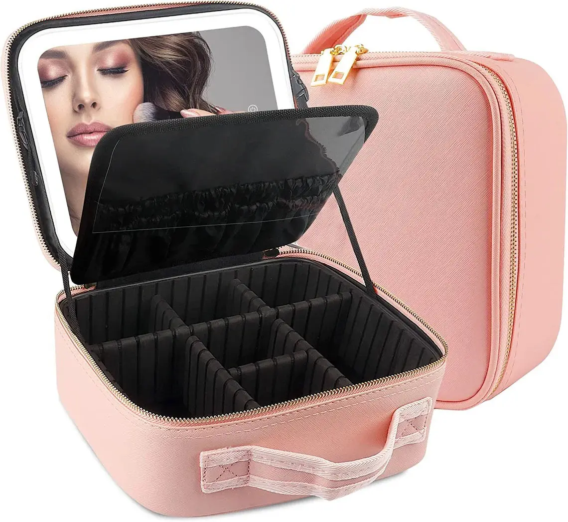 Custodia per trucco in pelle PU impermeabile personalizzata con grande borsa per cosmetici RPET ecologica con specchio illuminato