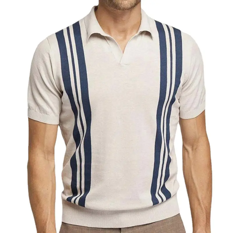 Polo personalizado de fábrica ajustado con solapa de punto para hombre, suéter de manga corta de punto a rayas de verano para hombre