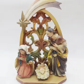Статуэтка из смолы с 3D светодиодами, милая, маленькая, средняя, большая, Дева Мария, Иисус, святая семья, Рождество, Набор фигурок Креста Бога, отца