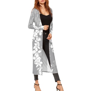 No MOQ Design di lusso <span class=keywords><strong>grigio</strong></span> Puakenikeni Elei modello hawaiano stile tropicale Casual Cardigan a maniche lunghe da donna Trench - Product Image 4
