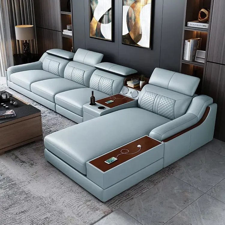 Canapé d'angle inclinable en cuir véritable avec ensembles de rangement, italien, moderne, de luxe, pas cher, pour la maison