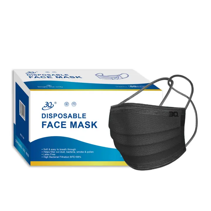 Alta Qualidade Fábrica De Tecido Não Tecido Respirável Máscara Facial Atacado Earloop Colorido 3 Ply Preto Descartável Personalizado Máscara Facial