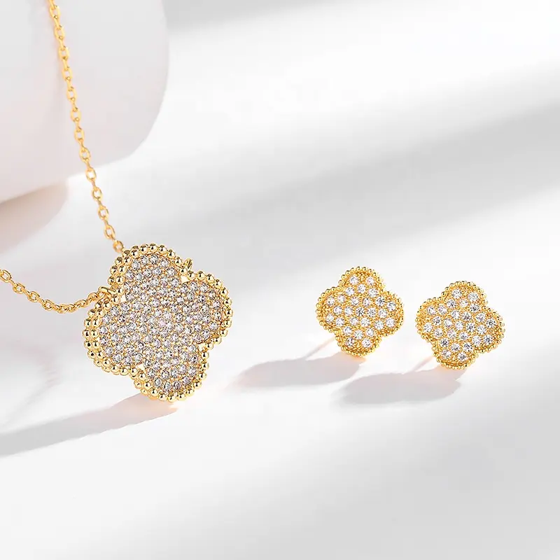 Fashional clover perhiasan 18K lapis emas, Set perhiasan anting wanita kalung batu zirkon AAA penuh