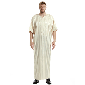 Alta qualità arabo marocco Thobe uomo musulmano Thawb caftano a righe manica corta ricamato uomo Daffah Thobe - Product Image 2