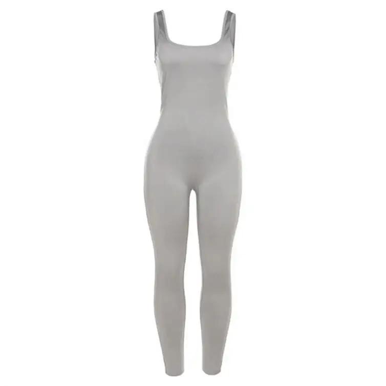 Solid Body-shaping Simple Jumpsuit Women Casual Square Collar Sleeveless Skinny Romper Lady Daily Sporty Wear One Piece