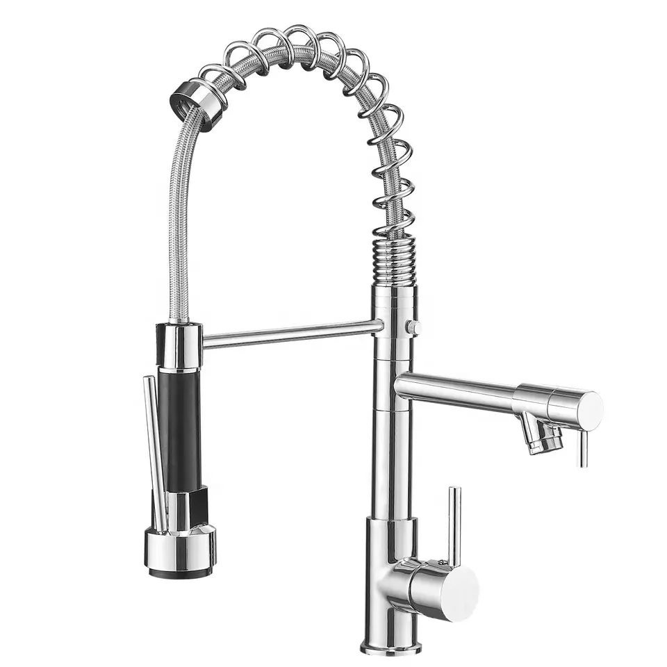 Kangrun down double outlet european sink monochrome brass sprayer water tap single lever pull out kitchen faucet