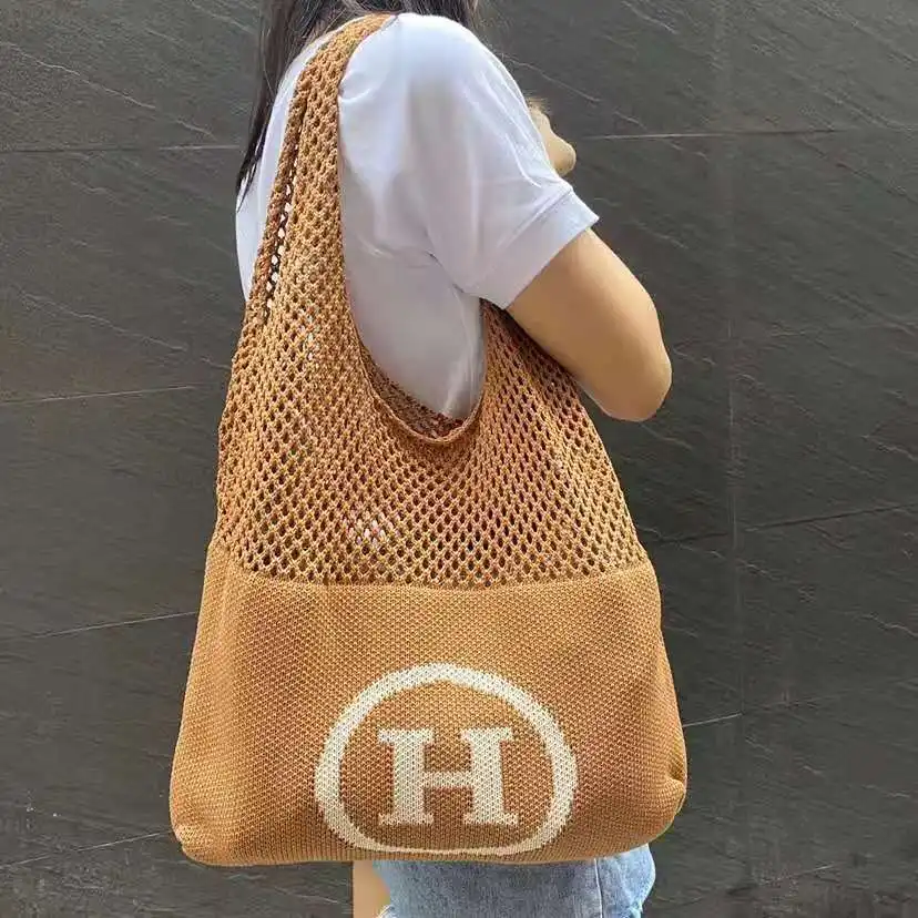 Tas Pantai Tote Kain Rajut Boho Chic untuk Wanita Anak Perempuan Kapasitas Besar Tas Tangan Sulam Estetika Dapat Logo Kustom