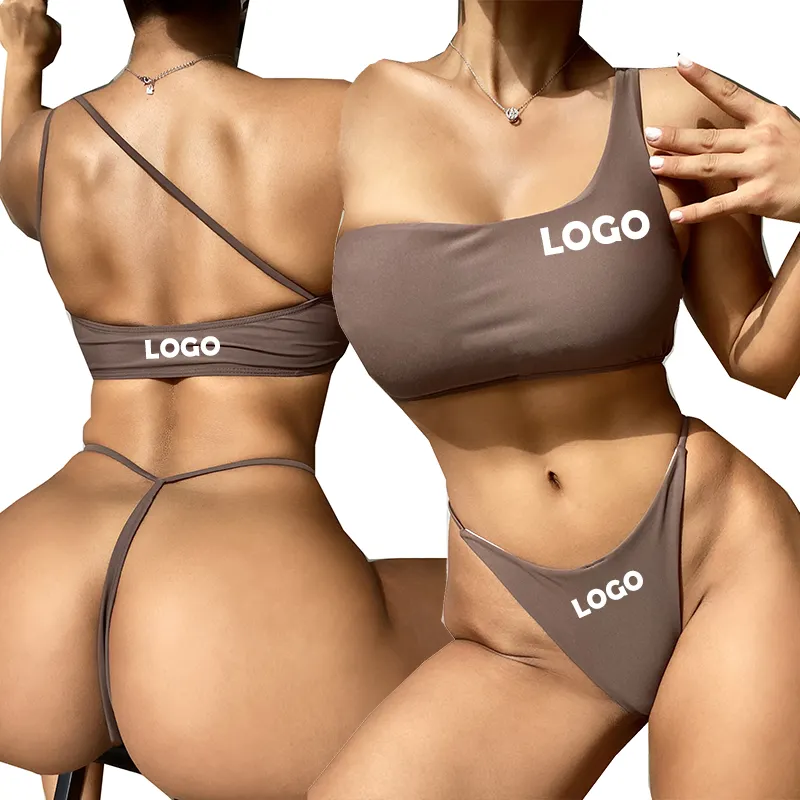 Logo personalizzato Young Hot Girl Sexy Push Up Bikini perizoma costumi da bagno una spalla Sexy Solid 2 pezzi Bikini da donna ad asciugatura rapida