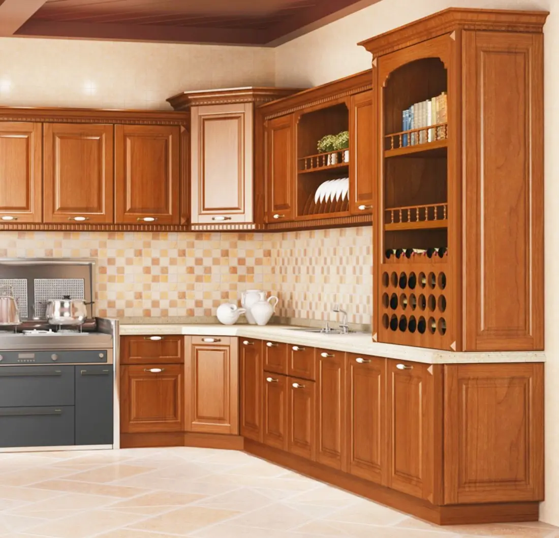 Disegni da cucina classici con mobili da cucina in legno massello di rovere isola set di mobili da cucina