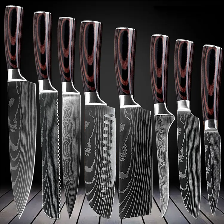 Produk Terbaik 8 buah buatan tangan Damaskus pisau baja tempa 8 inci pola Laser baja Damaskus Set pisau koki dapur