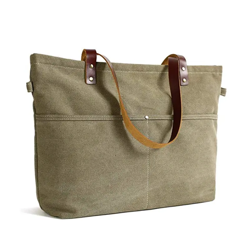 Women Leather Canvas Tote Bag with Zipper Shopper Work Tote Anti-Theft with Laptop Compartment