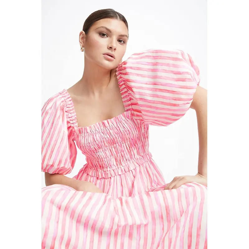 BAOLA Mulheres Midi vestido Pêssego e tonalidade rosa listras lápis Mid-peso de linho/algodão Reunidos decote quadrado Franzido vestido de Listras