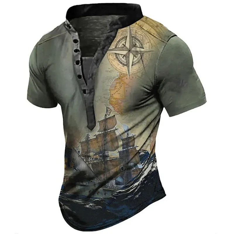 Botón Henry Shirt 3D Nautical Boat Compass Camiseta de hombre adecuada para ropa deportiva Casual Street Style Polo de hombre