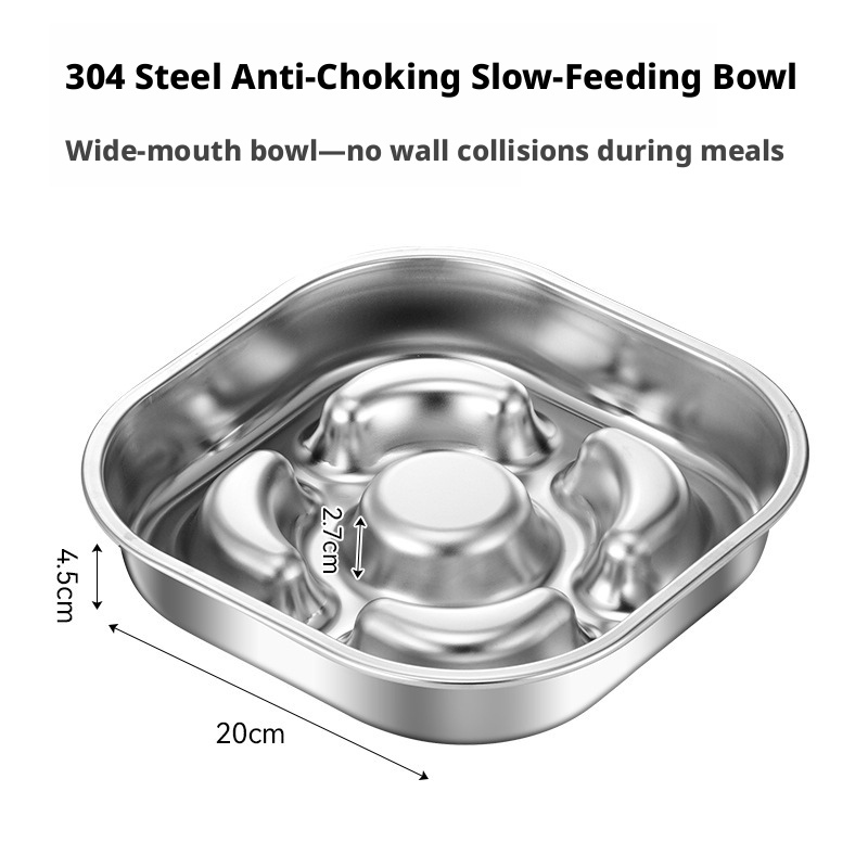 Square stainless steel slow feeding bowl silvery