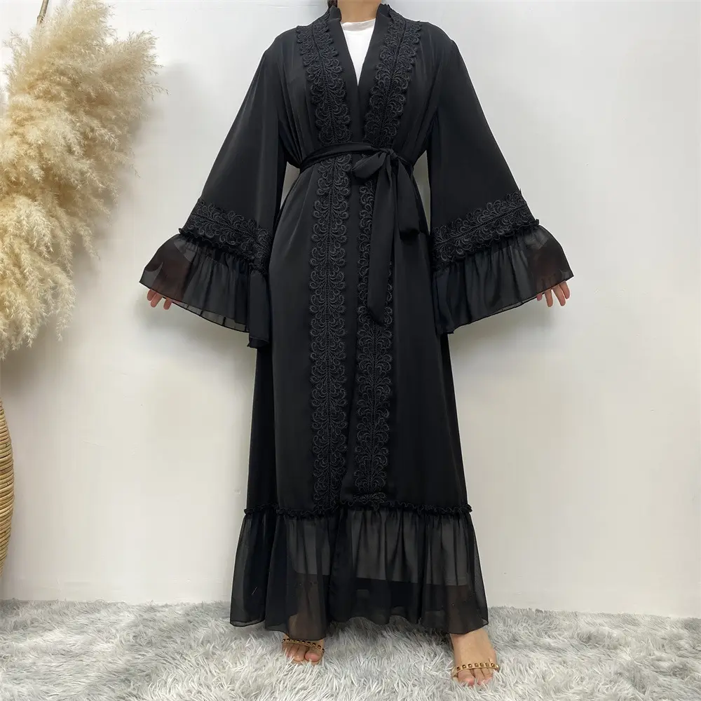 New Smooth Nida Black ricamo Abaya Chiffon pieghettato Big Cuff Women Eid Abaya Women Muslim Open Abaya