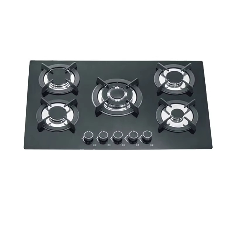 Cocina de gas de cinco quemadores con superficie de vidrio templado, 690*510mm.