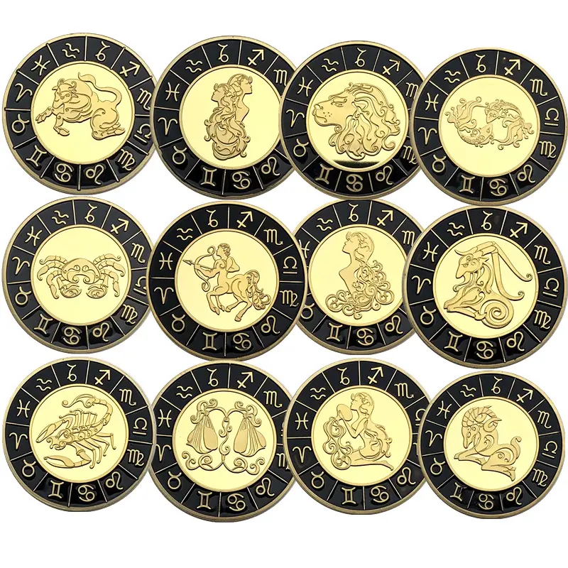 Pièces commémoratives cristal avec lion en plaqué or, pièces commémoratives externes, 12 constellations