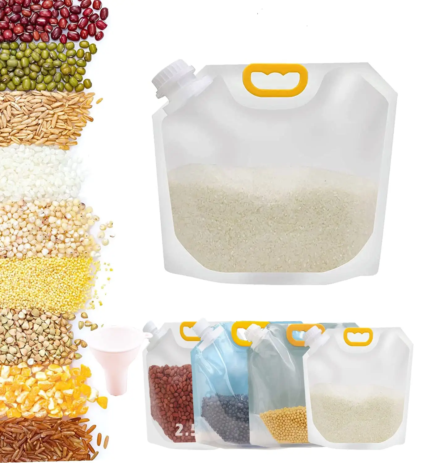 Moisture Proof Grain Cereais Clear Packaging Spout Pouch,1kg 5kg Arroz Embalagem Sacos, Saco hidrogenado do malote do armazenamento do alimento
