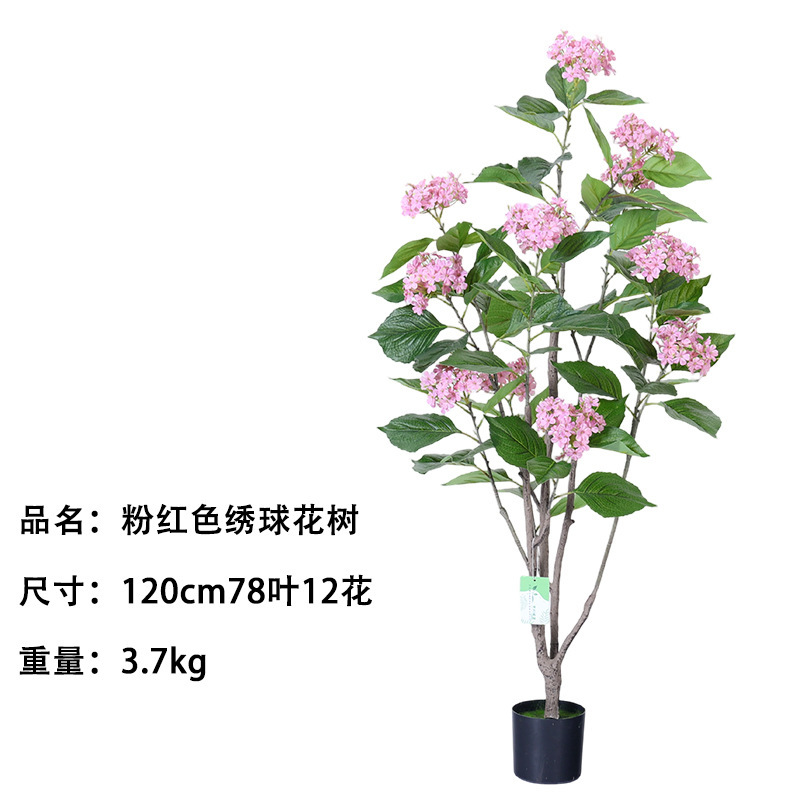 Arbre hortensia rose, 120 cm de haut (78 feuilles, 12 fleurs)