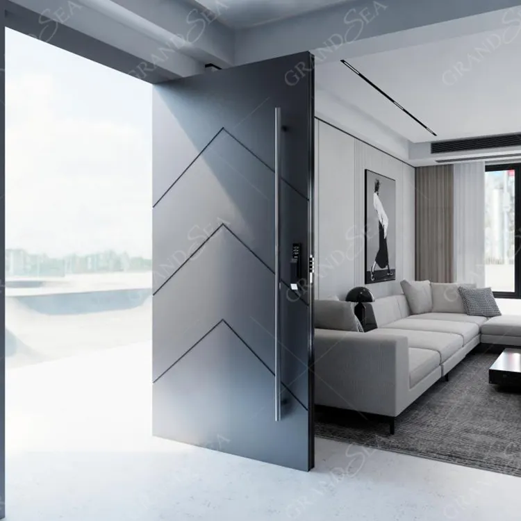 Villa de luxe Grandsea Portes d'entrée pivotantes de sécurité extérieures en aluminium Porte intérieure en acier pivotante moderne noire