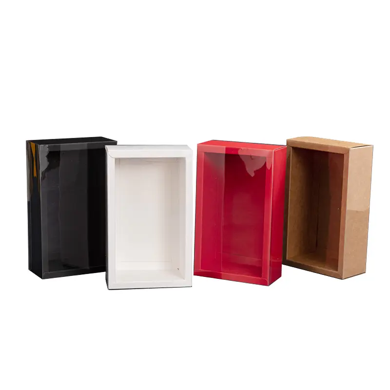 Cajón de papel Kraft Retro personalizado para regalo, caja de embalaje de PVC transparente con ventana, venta al por mayor