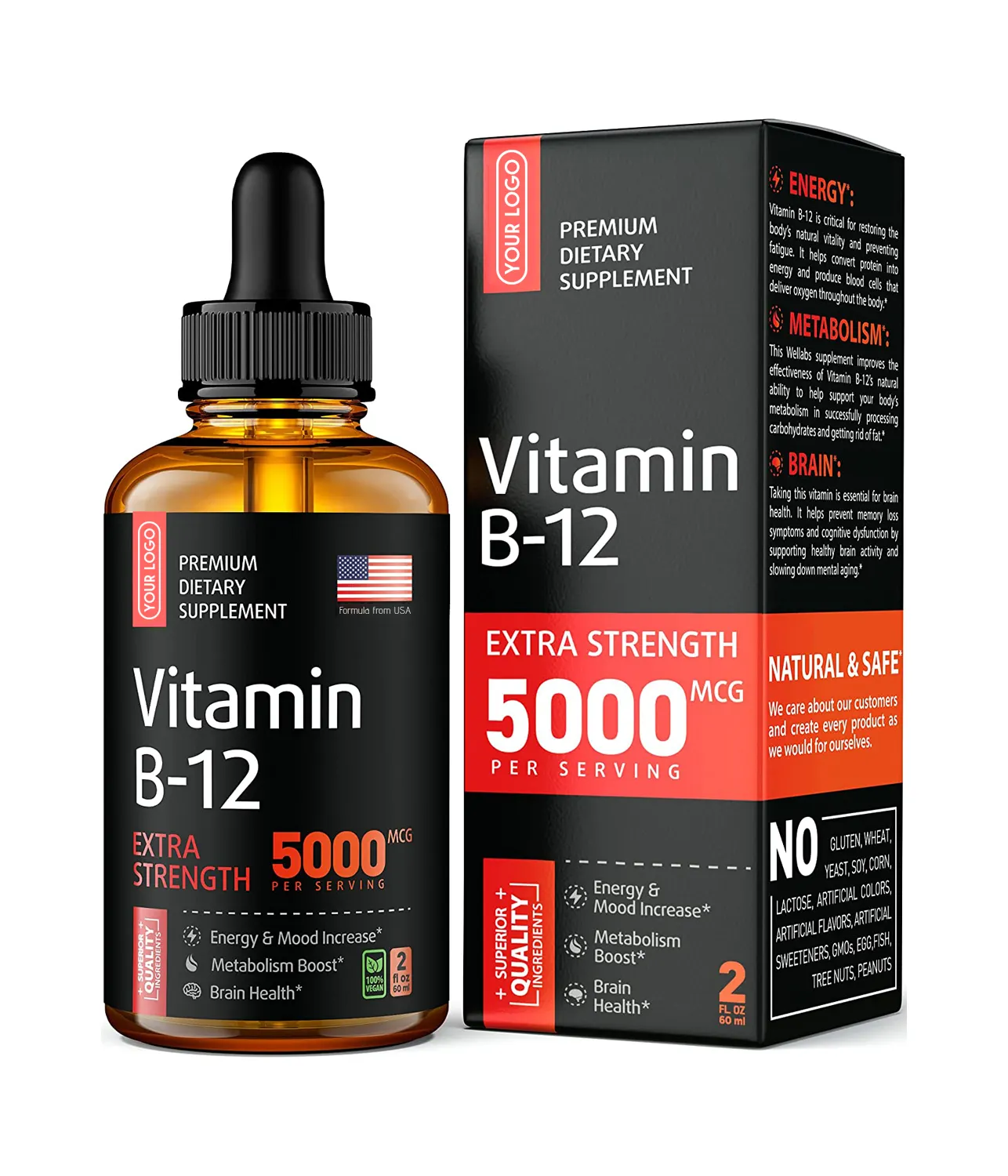 OEM Vitamin B12 Tropfen Vitamin B12 Subling ual Liquid Vegan B12 Vitamin 5000 MCG Methyl cobalamin B12 Liquid Supplement