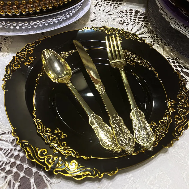 Alat makan emas elegan, perlengkapan pesta Set plastik layanan makan malam pernikahan