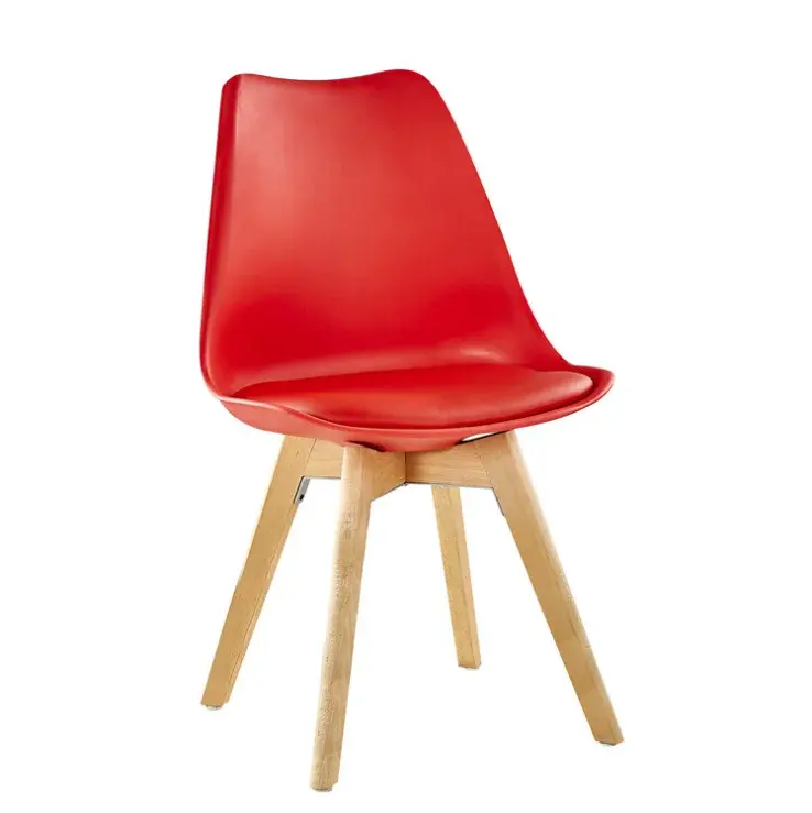 Cadeira de couro tulipa para sala de jantar, móveis modernos baratos de plástico com pernas de madeira, branco e vermelho