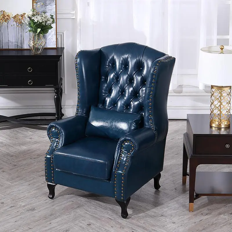 Deri döşemeli ve düğmeli yüksek mavi kanat sandalye oturma odası yatak odası mobilyası