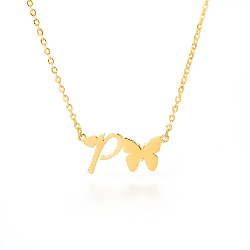 Vente chaude XL Alphabet Collier pour Femmes En Acier Inoxydable Clavicule Chaîne avec Papillon Conception et Perle Pierre Principale