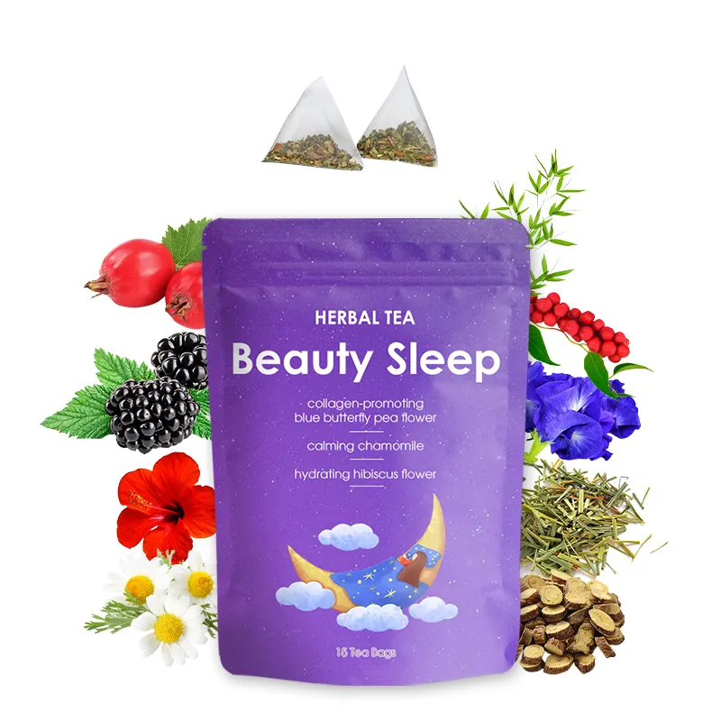 Paquete de logotipo personalizado, té de belleza para dormir, té de manzanilla, rosa, hibisco, Té nocturno, té de hierbas con sabor Natural